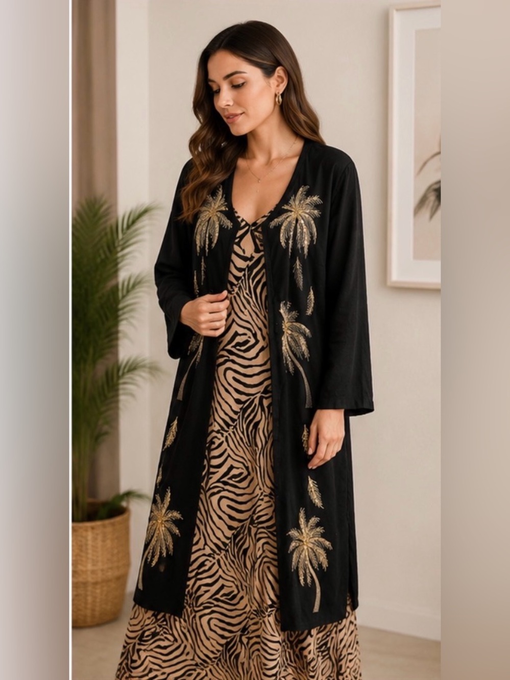 Black Palm-Embroidered Robe